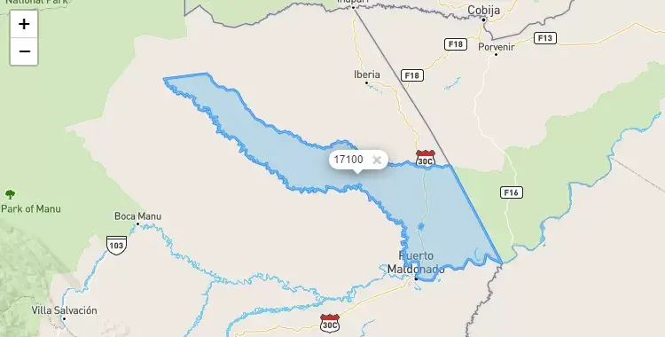 Mapa de la zona del código postal 17100 en Las Piedras, Madre de Dios