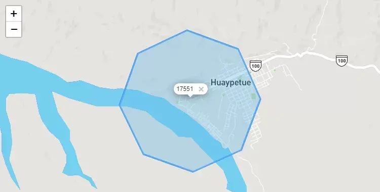 Mapa de la zona del código postal 17551 en Huepetuhe, Madre de Dios