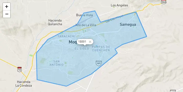 Mapa de la zona del código postal 18001 en Samegua, Moquegua