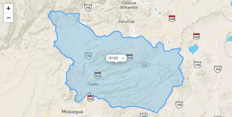 Mapa de la zona del código postal 18100 en Torata, Moquegua