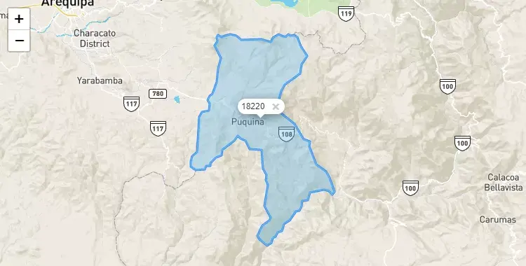 Mapa de la zona del código postal 18220 en Puquina, Moquegua