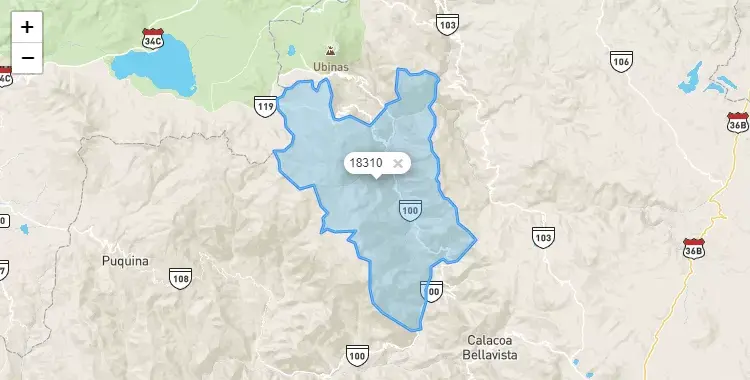 Mapa de la zona del código postal 18310 en Matalaque, Moquegua