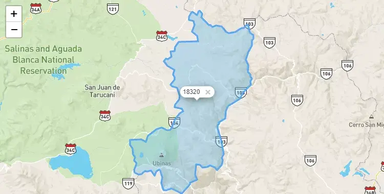 Mapa de la zona del código postal 18320 en Ubinas, Moquegua