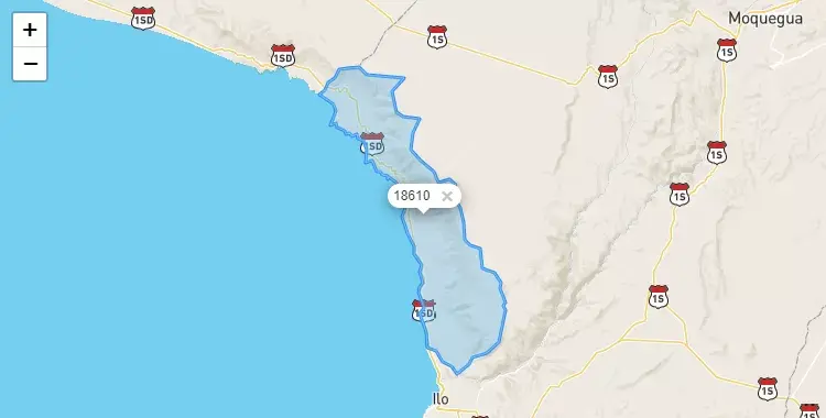 Mapa de la zona del código postal 18610 en Pacocha, Moquegua