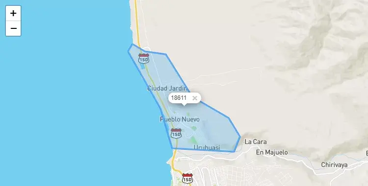 Mapa de la zona del código postal 18611 en Pacocha, Moquegua