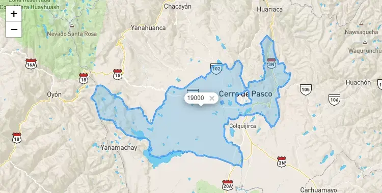 Mapa de la zona del código postal 19000 en Simón Bolivar, Pasco