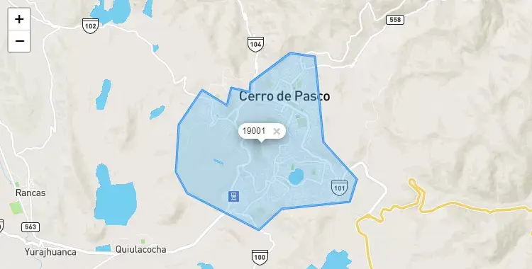 Mapa de la zona del código postal 19001 en Chaupimarca, Pasco