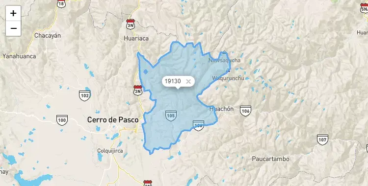 Mapa de la zona del código postal 19130 en Ticlacayan, Pasco