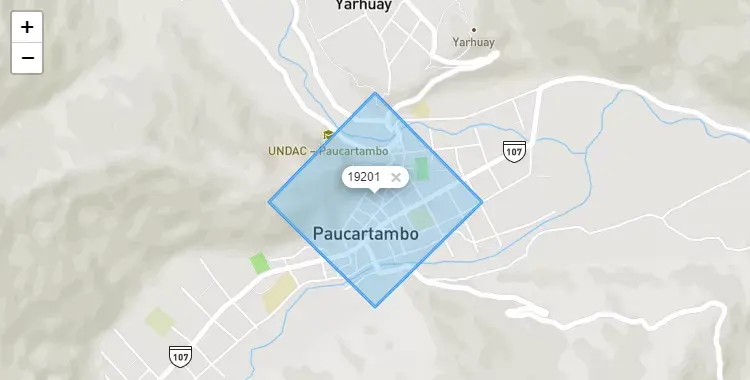 Mapa de la zona del código postal 19201 en Paucartambo, Pasco