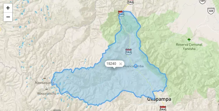 Mapa de la zona del código postal 19240 en Huancabamba, Pasco