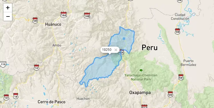 Mapa de la zona del código postal 19250 en Pozuzo, Pasco