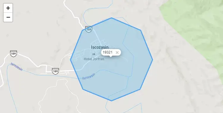 Mapa de la zona del código postal 19321 en Palcazú, Pasco