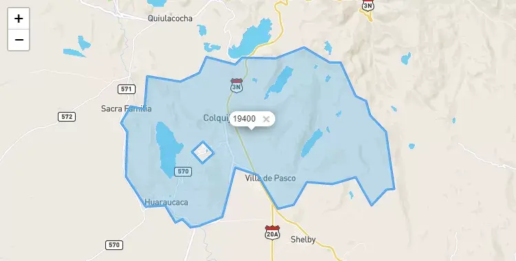 Mapa de la zona del código postal 19400 en Tinyahuarco, Pasco