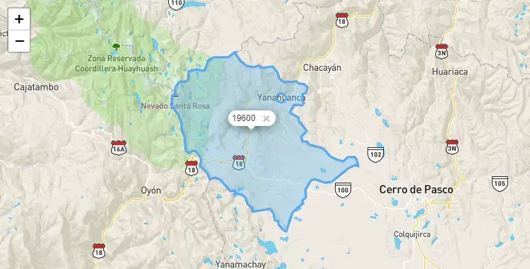 Mapa de la zona del código postal 19600 en Yanahuanca, Pasco