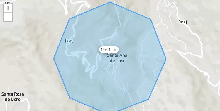 Mapa de la zona del código postal 19701 en Santa Ana de Tusi, Pasco