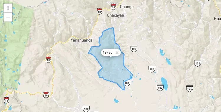 Mapa de la zona del código postal 19730 en Vilcabamba, Pasco