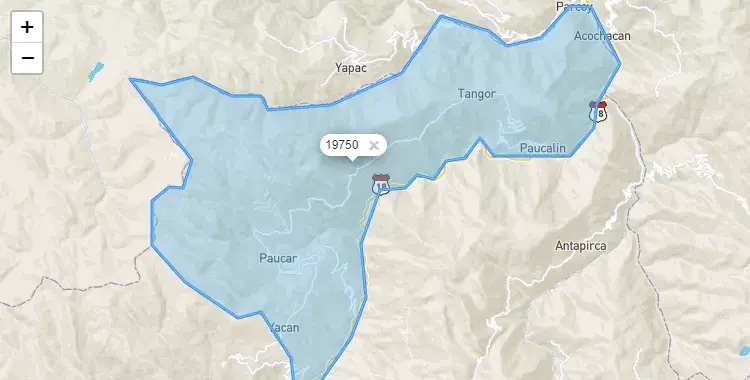Mapa de la zona del código postal 19750 en Paucar, Pasco