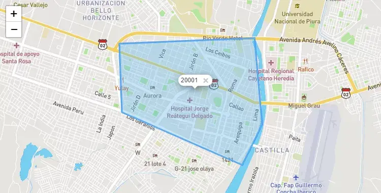 Mapa de la zona del código postal 20001 en Piura, Piura