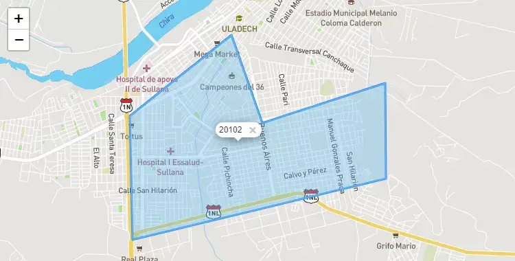 Mapa de la zona del código postal 20102 en Bellavista, Piura