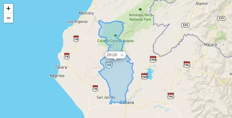 Mapa de la zona del código postal 20120 en Marcavelica, Piura