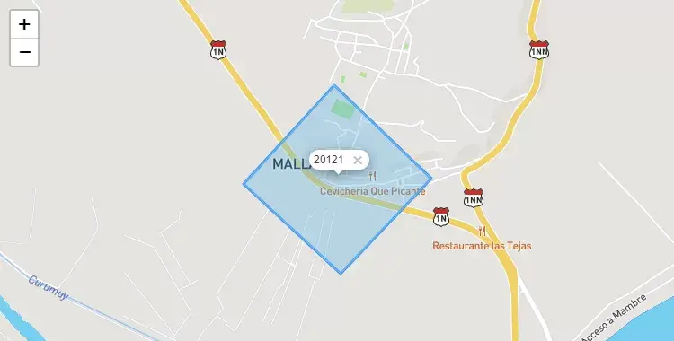 Mapa de la zona del código postal 20121 en Marcavelica, Piura