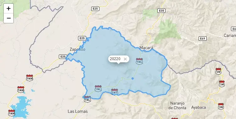 Mapa de la zona del código postal 20220 en Suyo, Piura