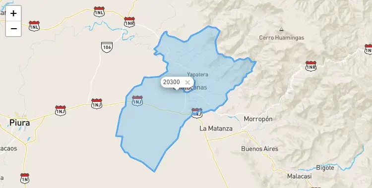 Mapa de la zona del código postal 20300 en Chulucanas, Piura