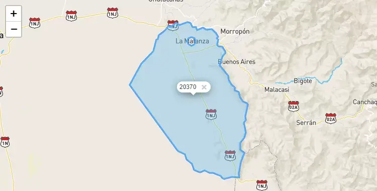 Mapa de la zona del código postal 20370 en La Matanza, Piura