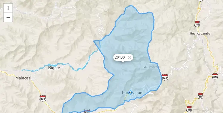 Mapa de la zona del código postal 20430 en Canchaque, Piura