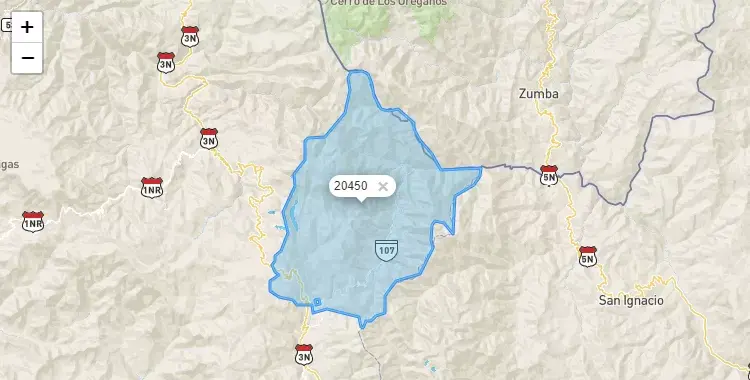 Mapa de la zona del código postal 20450 en El Carmen de la Frontera, Piura