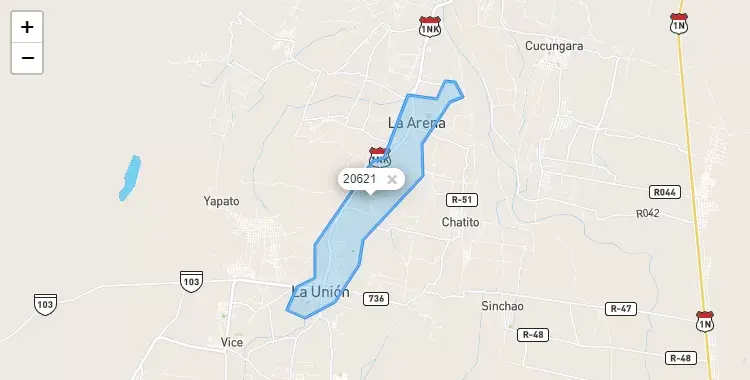Mapa de la zona del código postal 20621 en La Arena, Piura
