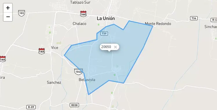 Mapa de la zona del código postal 20650 en Bellavista de la Unión, Piura