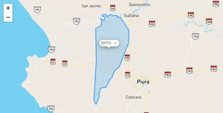 Mapa de la zona del código postal 20770 en Miguel Checa, Piura