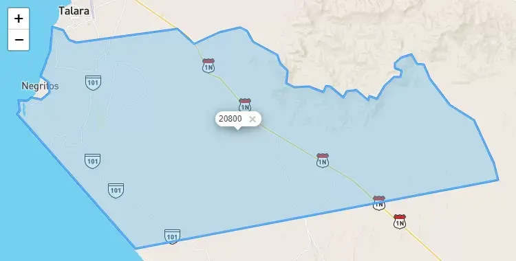 Mapa de la zona del código postal 20800 en La Brea, Piura