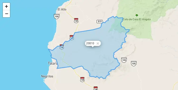 Mapa de la zona del código postal 20810 en Pariñas, Piura