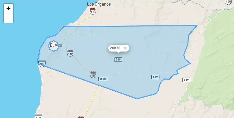 Mapa de la zona del código postal 20830 en El Alto, Piura