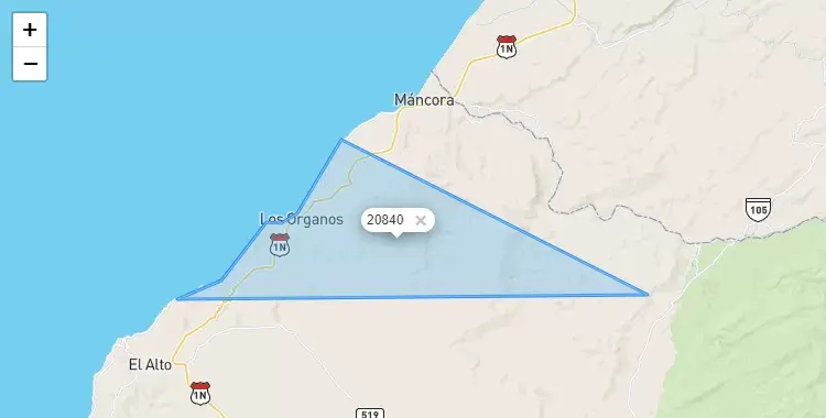 Mapa de la zona del código postal 20840 en Los Organos, Piura