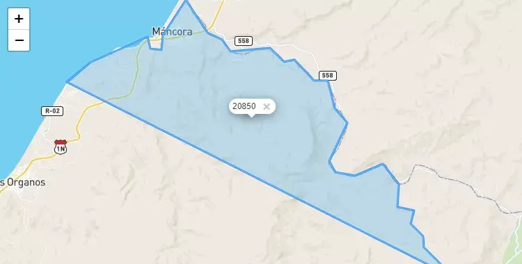 Mapa de la zona del código postal 20850 en Máncora, Piura