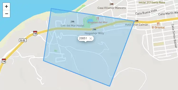 Mapa de la zona del código postal 20851 en Máncora, Piura