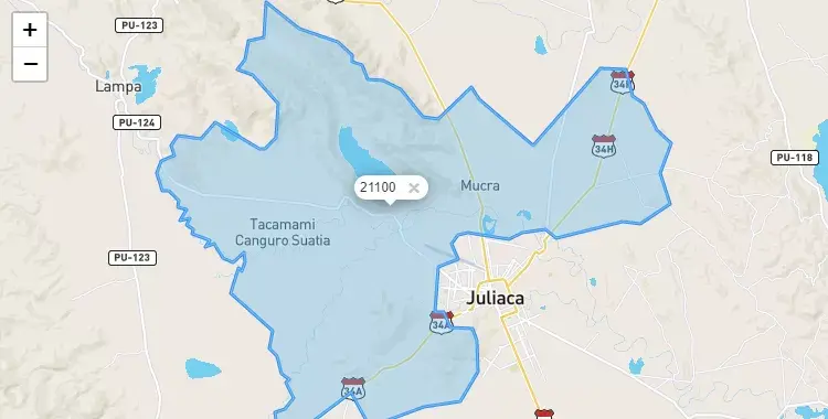 Mapa de la zona del código postal 21100 en Juliaca, Puno