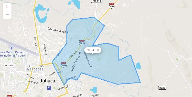 Mapa de la zona del código postal 21103 en Juliaca, Puno