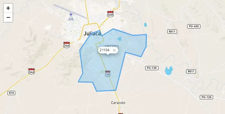 Mapa de la zona del código postal 21104 en Juliaca, Puno