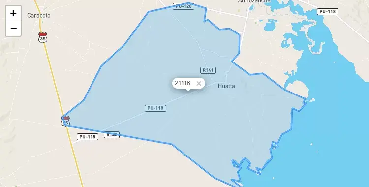 Mapa de la zona del código postal 21116 en Huata, Puno