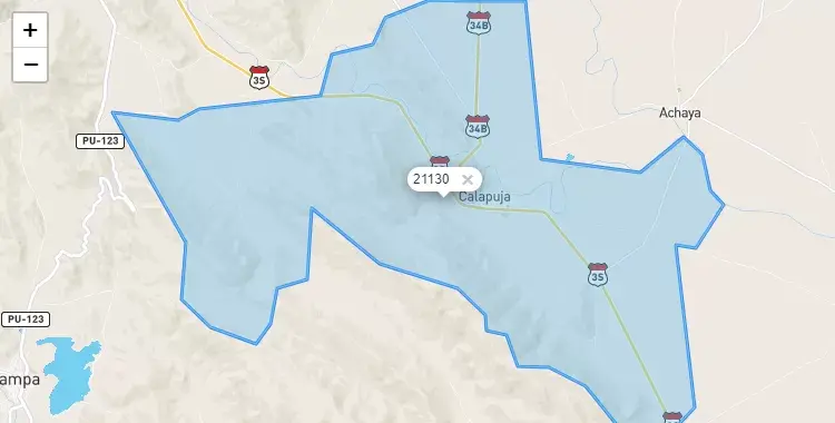Mapa de la zona del código postal 21130 en Calapuja, Puno