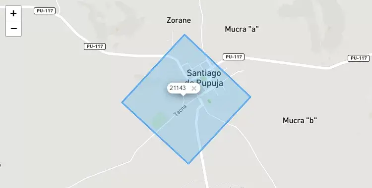 Mapa de la zona del código postal 21143 en Santiago de Pupuja, Puno