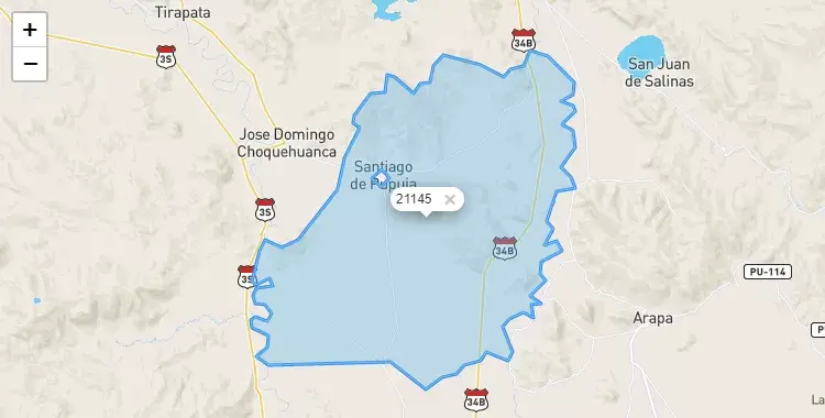 Mapa de la zona del código postal 21145 en Santiago de Pupuja, Puno