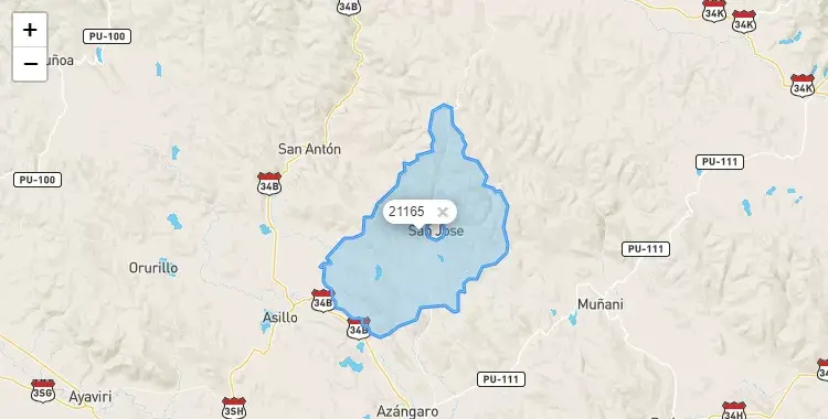 Mapa de la zona del código postal 21165 en San José, Puno