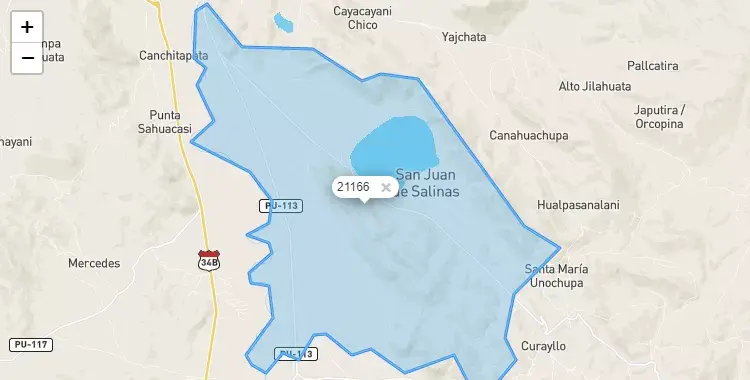 Mapa de la zona del código postal 21166 en San Juan de Salinas, Puno