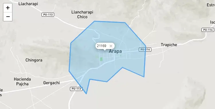 Mapa de la zona del código postal 21169 en Arapa, Puno
