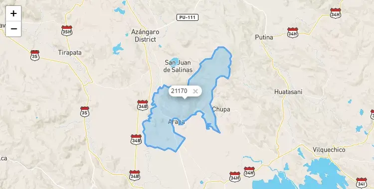 Mapa de la zona del código postal 21170 en Arapa, Puno